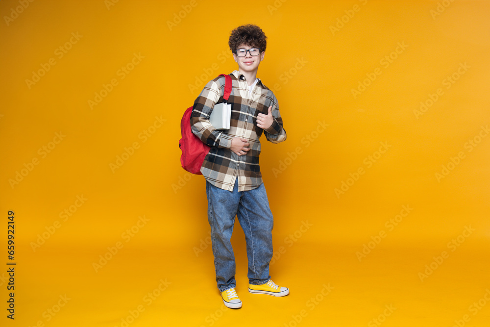 Fototapeta premium Curly teenager with a briefcase, on a yellow background.