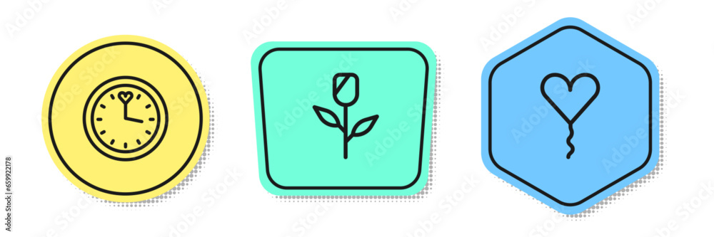 Set line Clock, Flower rose and Balloon in form of heart. Colored shapes. Vector Set line Clock, Flower rose and Balloon in form of heart. Colored shapes. Vector