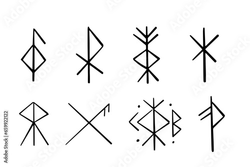 Nordic celtic runes, set norse protection symbols in doodle style, amulet, witchcraft signs on white background.