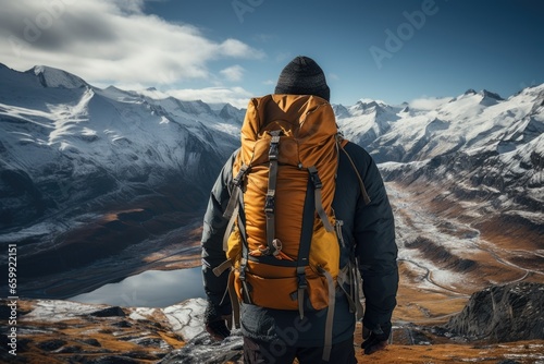 A person with a backpack standing on a mountain. Imaginary AI picture.
