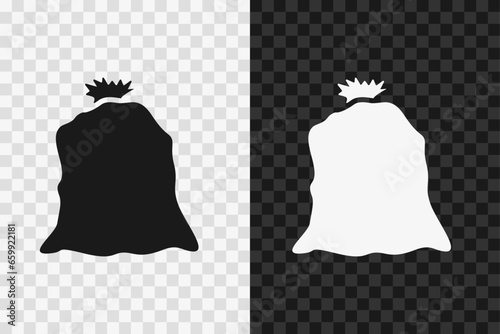 Rubbish bag silhouette icon, vector glyph sign. Garbage bag symbol isolated on dark and light transparent backgrounds.