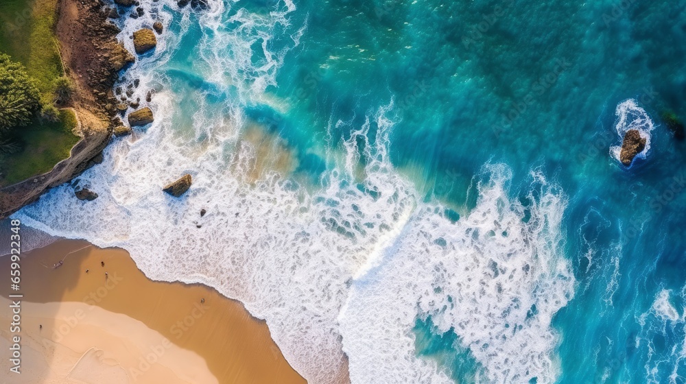 Beautiful aerial shot of the summer shore of the ocean. Waves crashing on the beach drone shot. Bright summer day at the beach. Travel concept. AI Generated.
