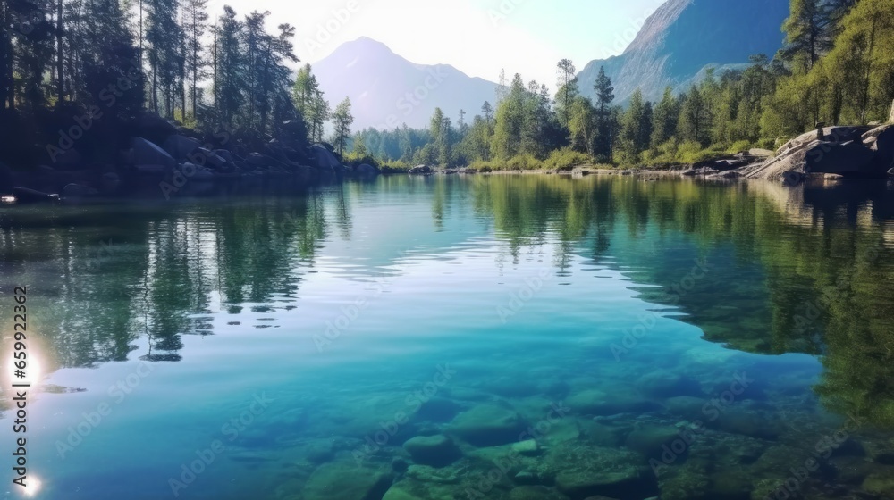 Beautiful green summer forest with a clean pure lake. Forest landscape with clean mountain water lake. Shot of summer woods. Drone shot nature composition. Beautiful natural landscape.