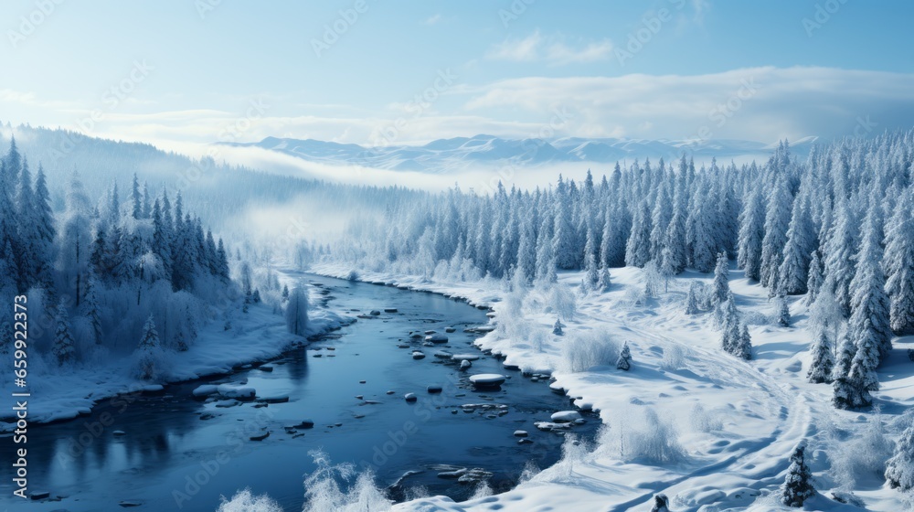 Melting icy river on a beautiful sunny day. Snowy winter landscape of a forest with a cold clear water river. Global Warming and melting ice concept. Ai Generated a snowy winter landscape. Melting icy river on a beautiful sunny day. Snowy winter landscape of a forest with a cold clear water river. Global Warming and melting ice concept. Ai Generated a snowy winter landscape.
