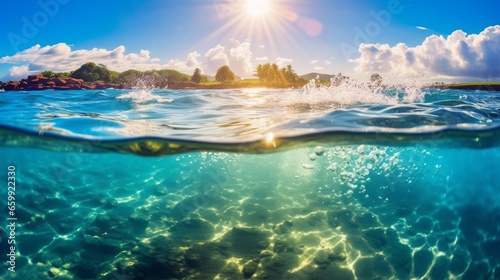 Beautiful shot of the summer shore of the ocean with see-through water. Small ripples on water. Bright summer day at the beach. Travel concept. AI Generated.
