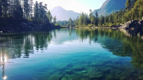 Beautiful green summer forest with a clean pure lake. Forest landscape with clean mountain water lake. Shot of summer woods. Drone shot nature composition. Beautiful natural landscape.