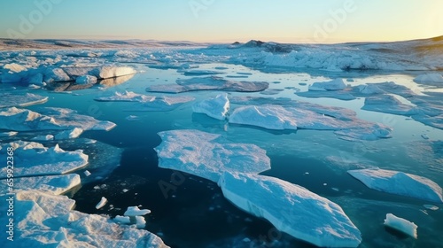 Melting icy river on a beautiful sunny day. Snowy winter landscape of cold clear water. Global Warming and melting ice concept. Beautiful drone shot of the river.