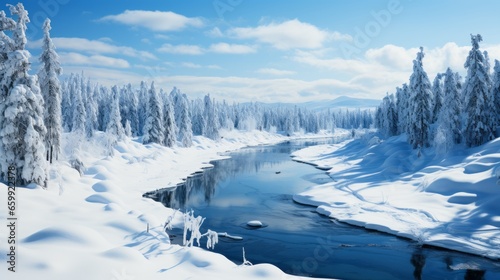 Melting icy river on a beautiful sunny day. Snowy winter landscape of a forest with a cold clear water river. Global Warming and melting ice concept. Ai Generated a snowy winter landscape. © Valua Vitaly