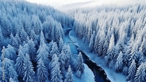 Melting icy river on a beautiful sunny day. Snowy winter landscape of a forest with a cold clear water river. Global Warming and melting ice concept. Ai Generated a snowy winter landscape.