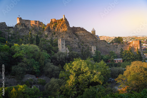 Narikala Fortress in Tbilisi in the warm sunset. 