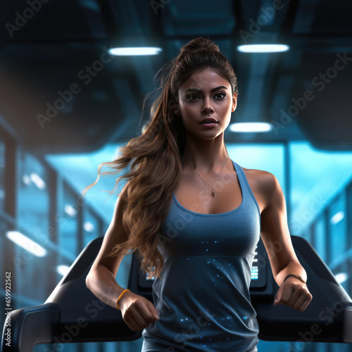 Sporty girl running on treadmill