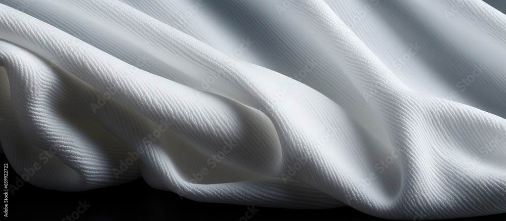Naklejka premium Close up image of creased white towel fabric in a kitchen with space for text on a black backdrop