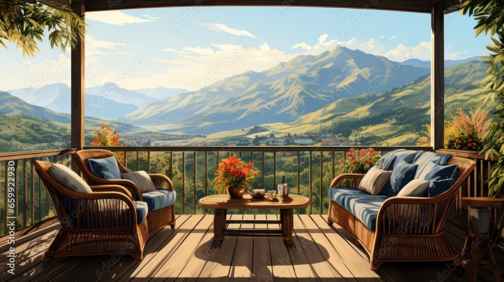 Fototapeta premium vector art of Decorate with rattan furniture outdoors with a mountain view