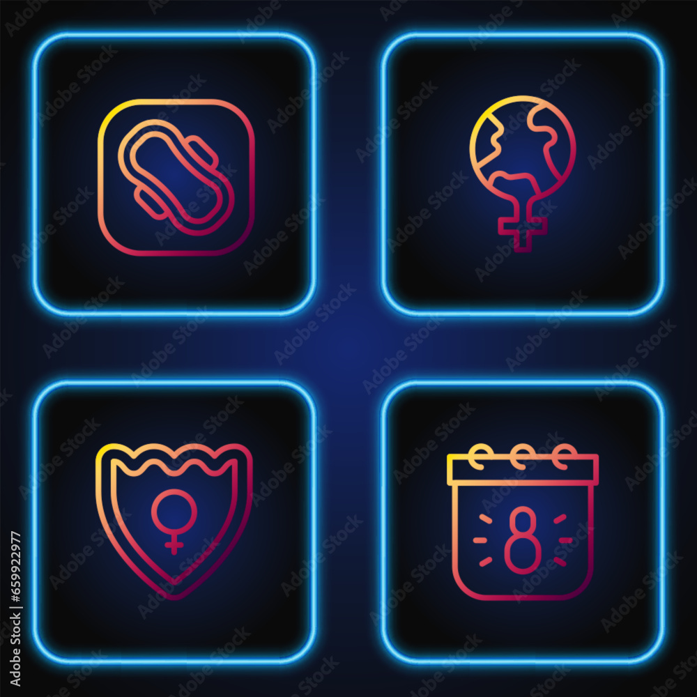 Set line Calendar with 8 March, Gender shield, Female, Sanitary napkin and Feminism the world. Gradient color icons. Vector Set line Calendar with 8 March, Gender shield, Female, Sanitary napkin and Feminism the world. Gradient color icons. Vector