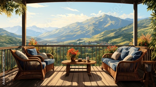 vector art of Decorate with rattan furniture outdoors with a mountain view © sirisakboakaew