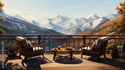 vector art of Decorate with rattan furniture outdoors with a mountain view
