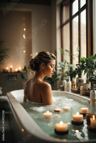 A beautiful woman takes a bath by candlelight in a beautiful spacious room with large windows. Spa, relax, rest, care concepts