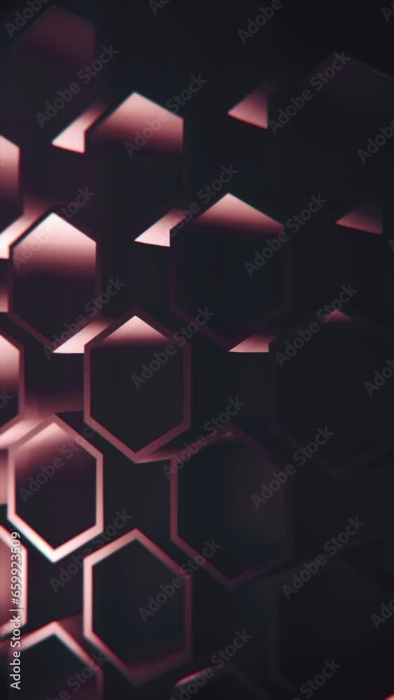 Vertical video - dark abstract geometric background with a pattern of rotating extruded hexagon shapes. Full HD and looping motion background animation.	
