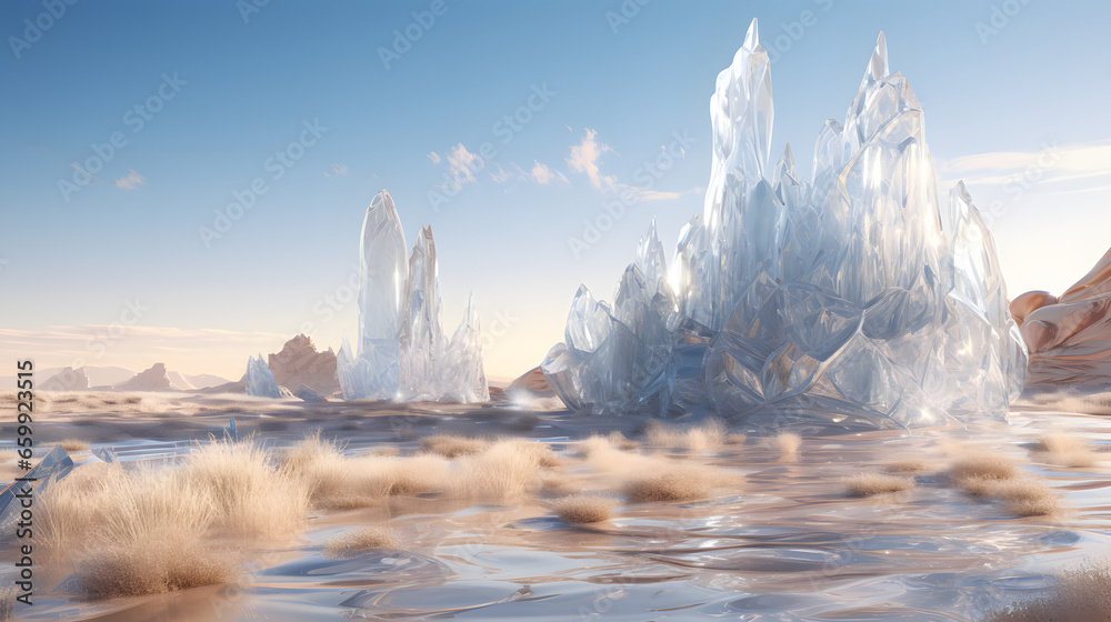 A fantastical desert landscape illustration with mountains and the moon made of glass and diamonds in a fictional world - obrazy, fototapety, plakaty 