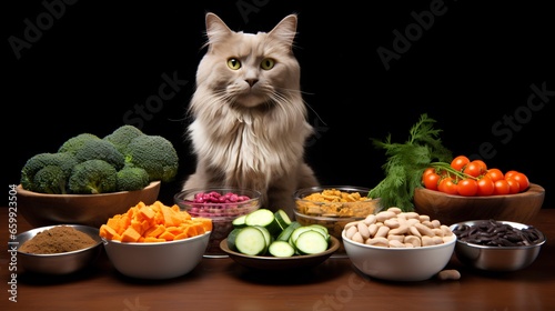 Domestic cat with variety of colorful humangrade vegetables, fish, and meat, illustrating a balanced and complex diet for feline health and nutrition. Healthy pet food and fresh product eating. photo