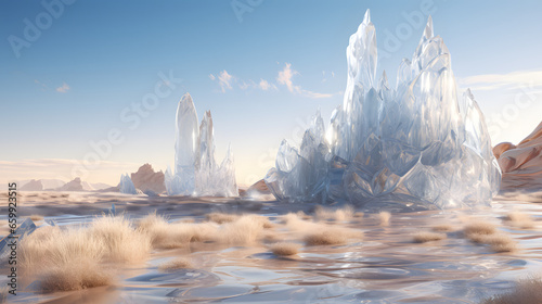 A fantastical desert landscape illustration with mountains and the moon made of glass and diamonds in a fictional world