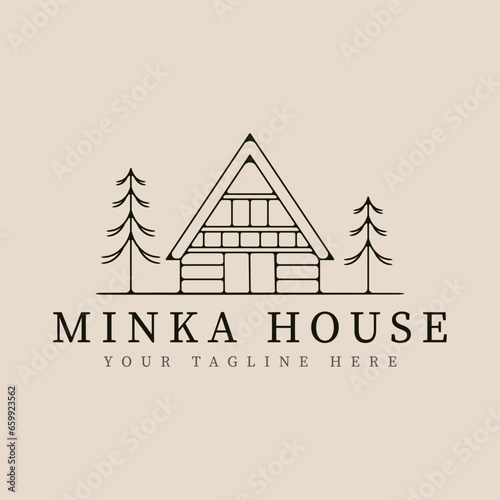 minka house traditional home japanese line art logo vector illustration template design.