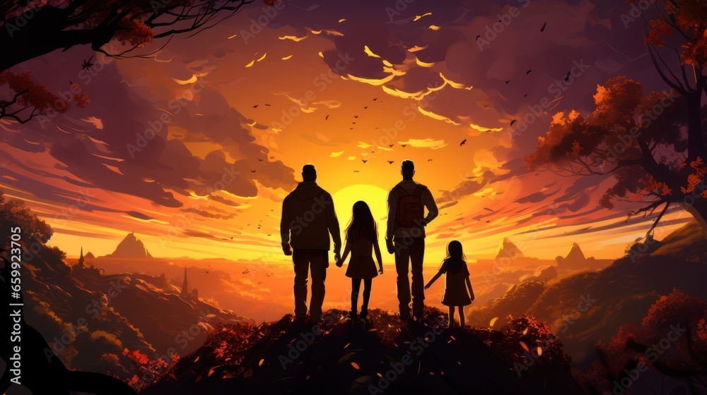 Vector art of happy family at sunset. Father, mother and two daughters having fun and playing with autumn nature. - obrazy, fototapety, plakaty 