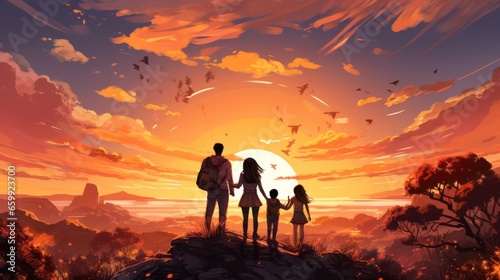 Vector art of happy family at sunset. Father  mother and two daughters having fun and playing with autumn nature.