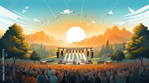 Vector art of music festival Outdoor concert with outdoor stage, live performance, people dancing in nature.