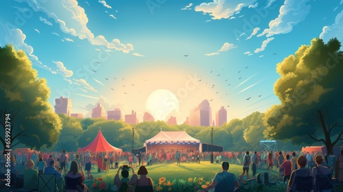 Vector art of music festival Outdoor concert with outdoor stage, live performance, people dancing in nature.