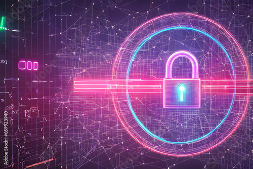 Software Computer Privacy Digital Lock With Keyhole On Neon Laser Light Virtual Cybersecurity Theme 3D render style