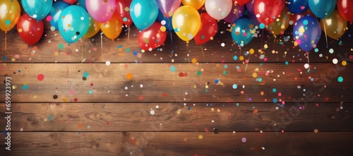 A wooden background adorned with colorful balloons and confetti in a multitude of shades