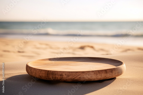 Wooden round plate on sand beach with sea and ocean background. High quality photo