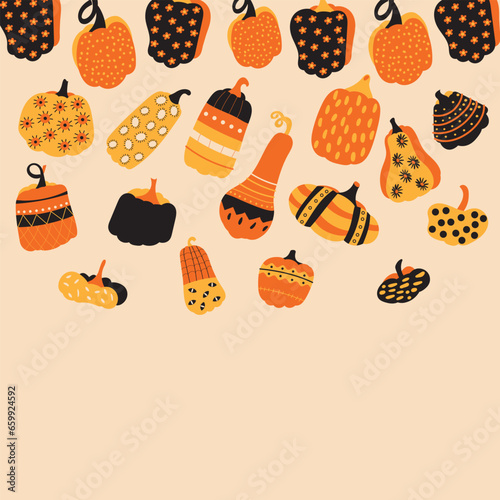 Holiday promotional banner for holiday design with pumpkins. Autumn harvest of vegetables in the background for the October holiday of Halloween or Thanksgiving. Special internet offer, banner. 