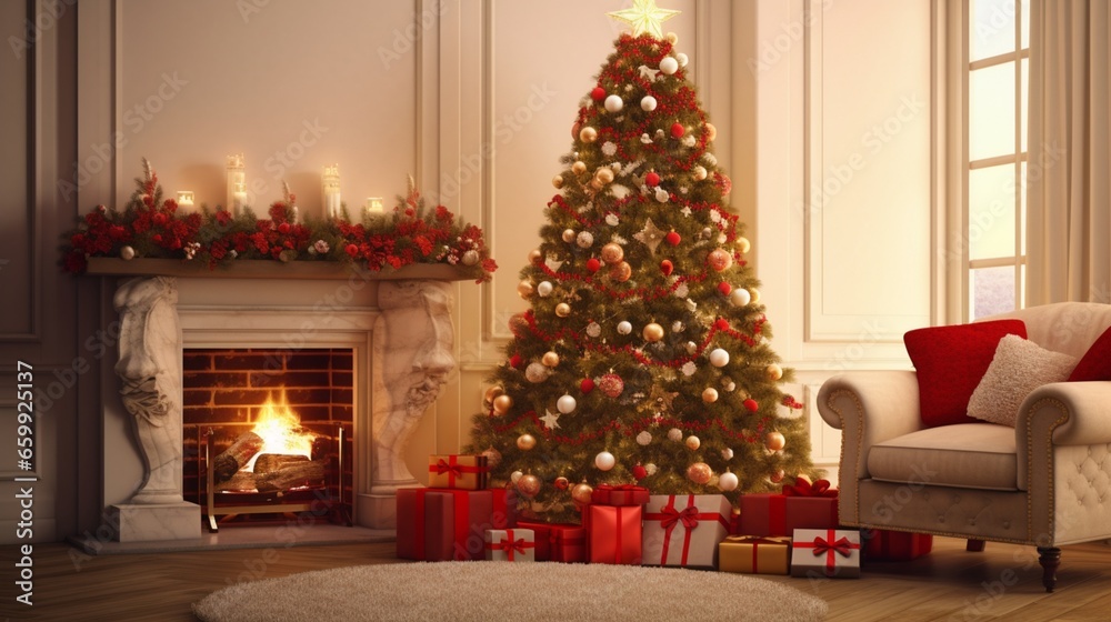 christmas tree and fireplace