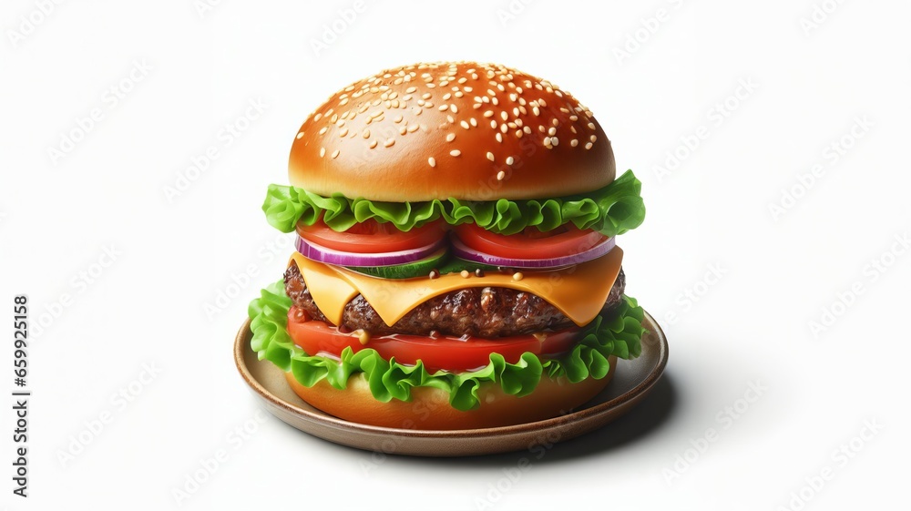 Delicious Burger on a plate isolated on white background. Fresh tasty and appetizing cheeseburger.
