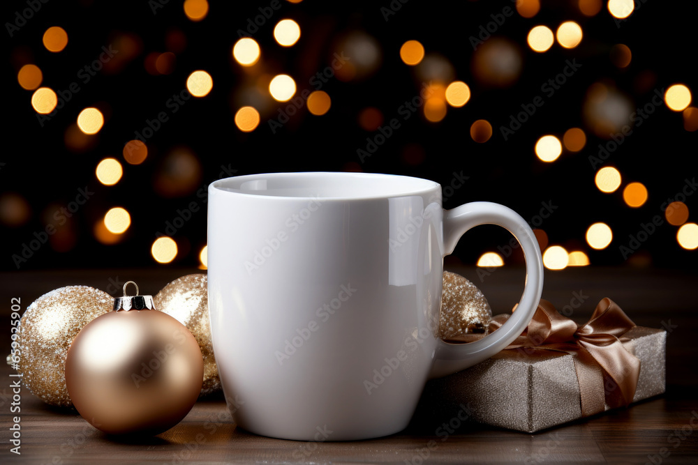 a mockup photograph of a blank white mug with a christmas theme, ornaments, christmas presents
