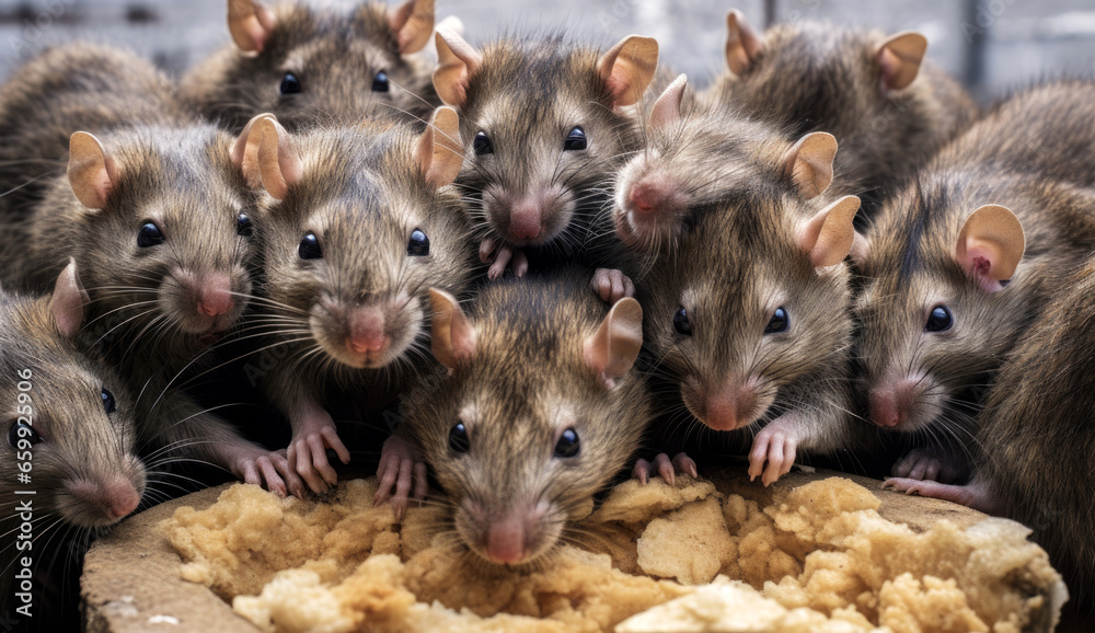 Group of curious rats gathered around a large piece of food in a cozy indoor setting during the day showcasing their playful nature and social behavior Group of curious rats gathered around a large piece of food in a cozy indoor setting during the day showcasing their playful nature and social behavior