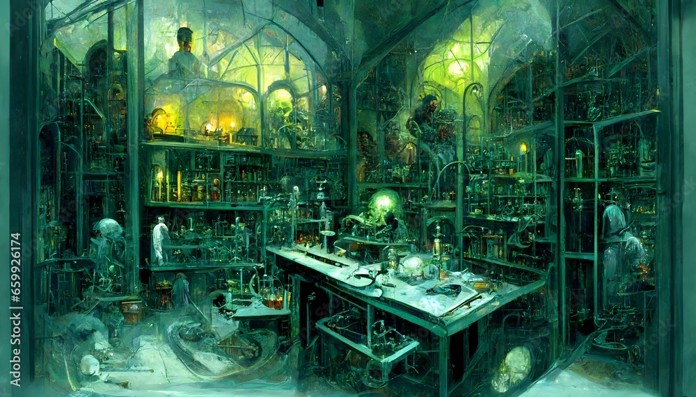 Inside of a mad scientists laboratory viewed from behind glass evil scientist lab operating table experimentation gothic horror mary shelleys frankenstein green lights strange creatures gothic urban 