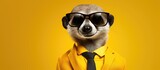 Animal meerkat portraits, Cool business animal in sunglasses and suit. With copy text space, wide screen. Simple background, Generative AI