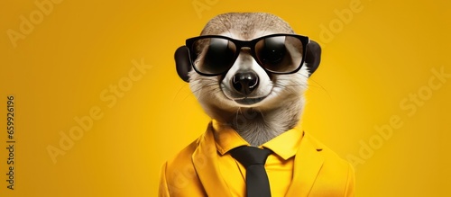Animal meerkat portraits, Cool business animal in sunglasses and suit. With copy text space, wide screen. Simple background, Generative AI © dm