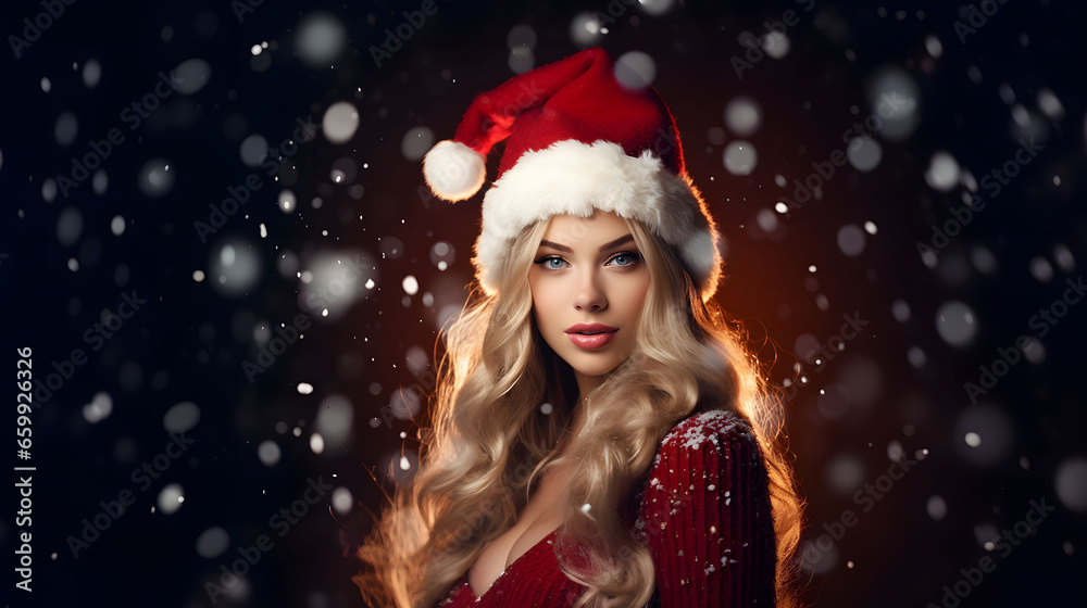 Beautiful young woman in Santa Claus hat.
Fashionable young woman in winter clothes over snowy background. Winter background. Beautiful young woman in Santa Claus hat.
Fashionable young woman in winter clothes over snowy background. Winter background.