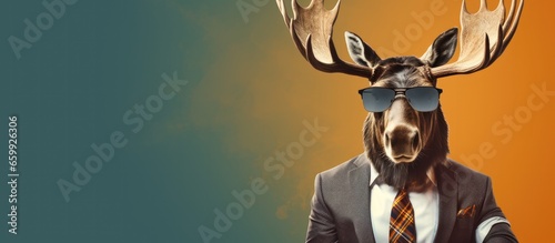 Animal moose portraits, Cool business animal in sunglasses and suit. With copy text space, wide screen. Simple background, Generative AI