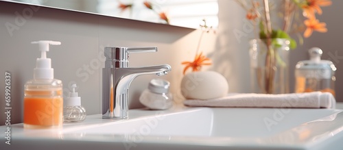 Close up shot of bathroom sink with faucet and soap dish