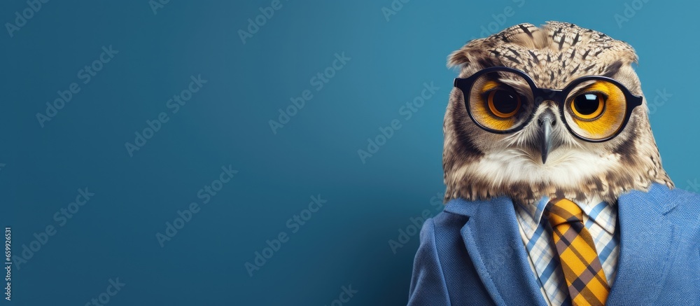 Animal owl portraits, Cool business animal in sunglasses and suit. With copy text space, wide screen. Simple background, Generative AI - obrazy, fototapety, plakaty 