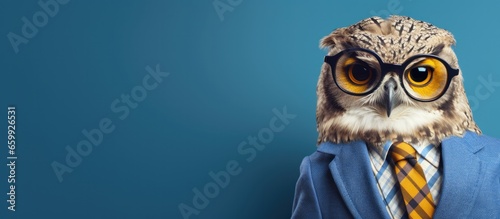 Animal owl portraits, Cool business animal in sunglasses and suit. With copy text space, wide screen. Simple background, Generative AI photo