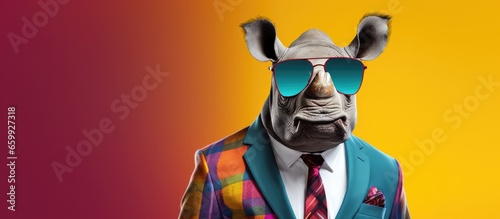 Animal rhino portraits, Cool business animal in sunglasses and suit. With copy text space, wide screen. Simple background, Generative AI