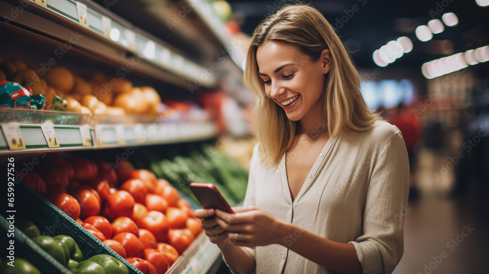 Smiling young woman with smart phone grocery shopping in supermarket. ai generative