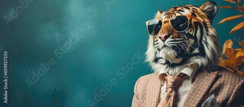 Animal tiger portraits, Cool business animal in sunglasses and suit. With copy text space, wide screen. Simple background, Generative AI