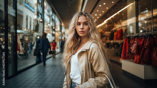 Young woman stands on the street with bags while shopping. ai generative